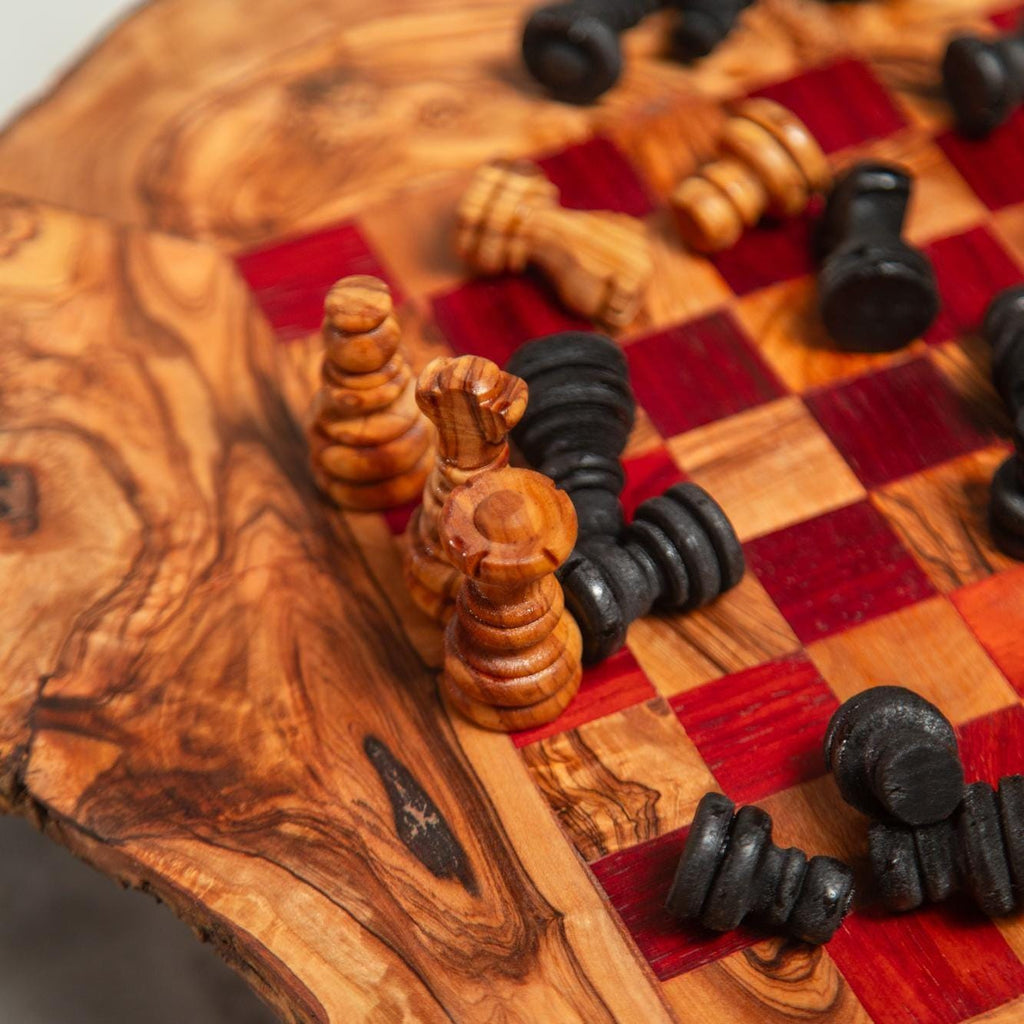 Handmade Olive Wood Chess Table – Red & Beige Squares – Game Table with Storage – Rustic Short-Leg Design – 3 Sizes