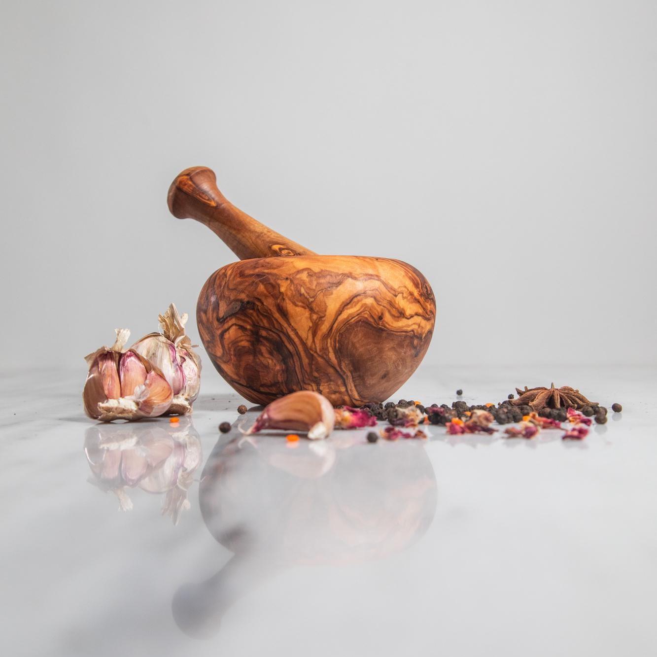 Rustic Olive Wood Mortar and Pestle – Organic Shape – Handmade Spice Grinder Bowl – Tunisian Artisan Kitchen Tool