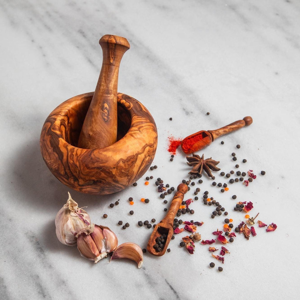 Rustic Olive Wood Mortar and Pestle – Organic Shape – Handmade Spice Grinder Bowl – Tunisian Artisan Kitchen Tool