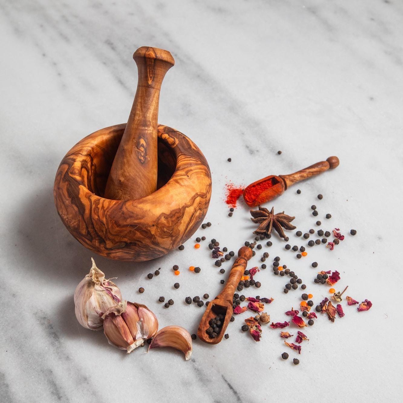 Rustic Olive Wood Mortar and Pestle – Organic Shape – Handmade Spice Grinder Bowl – Tunisian Artisan Kitchen Tool