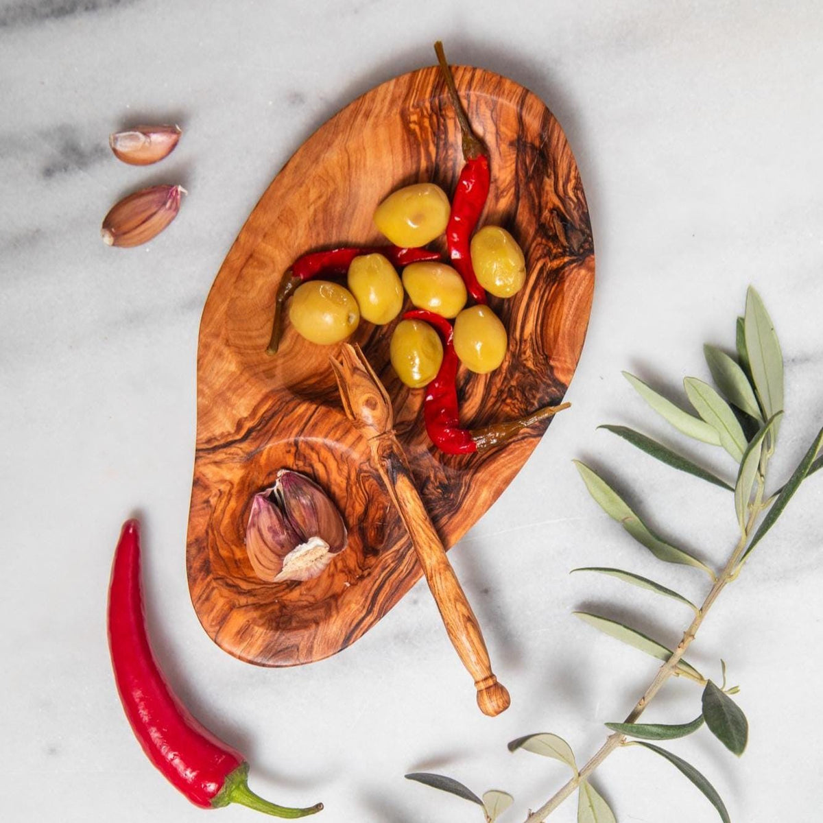 Olive Wood Snack Tray – Handcrafted Artisan Dish with Fork Set