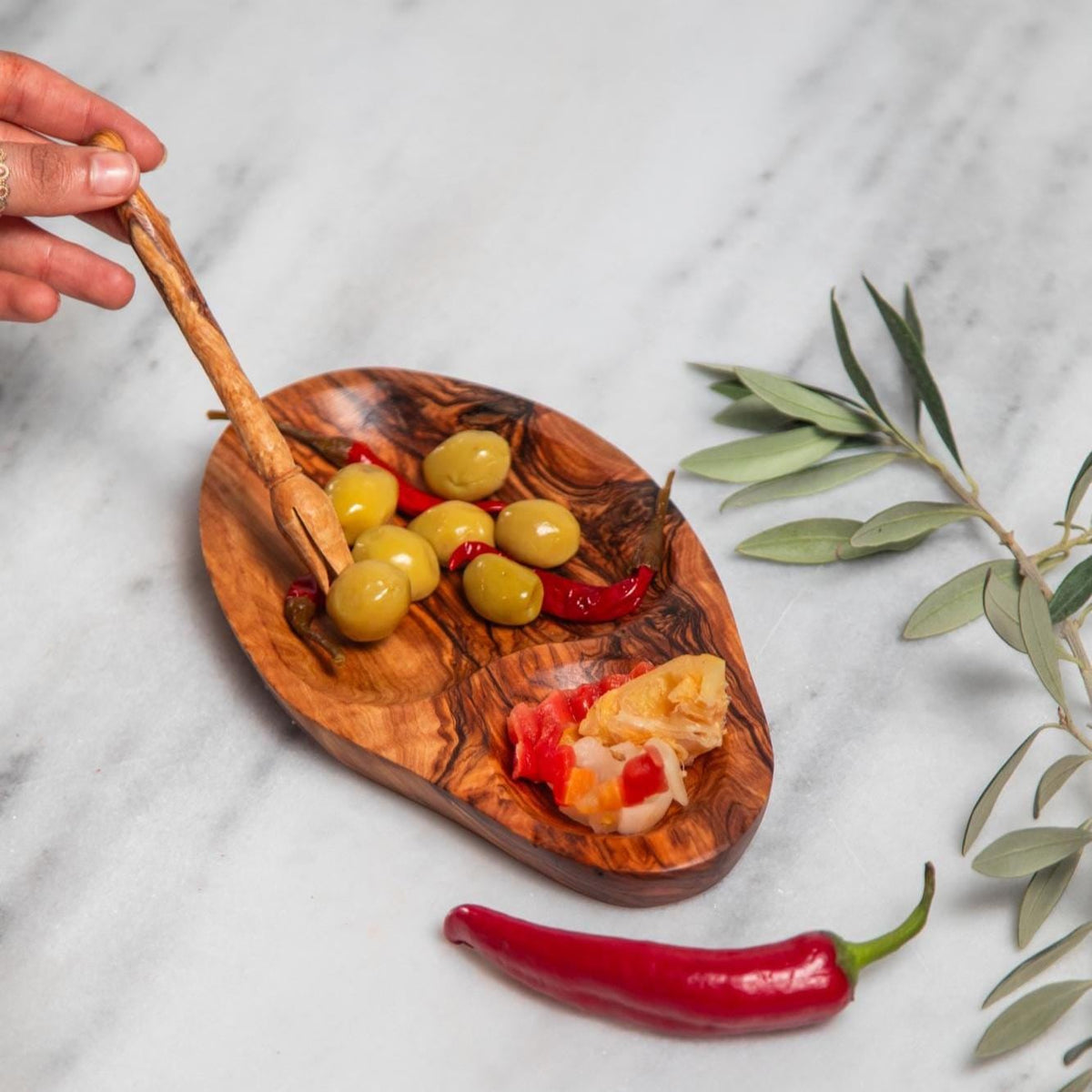 Olive Wood Snack Tray – Handcrafted Artisan Dish with Fork Set