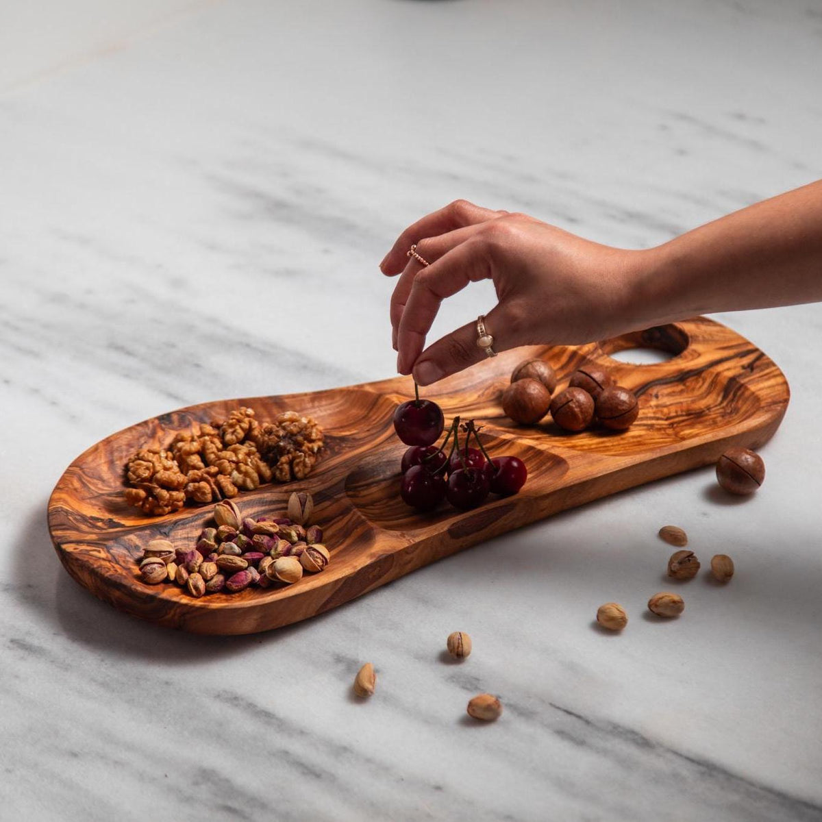 Olive Wood 4 Section Appetizer Tray for Nuts Fruits Snacks Dips Charcuterie | Rustic Handmade Segmented Serving Board for USA Kitchens
