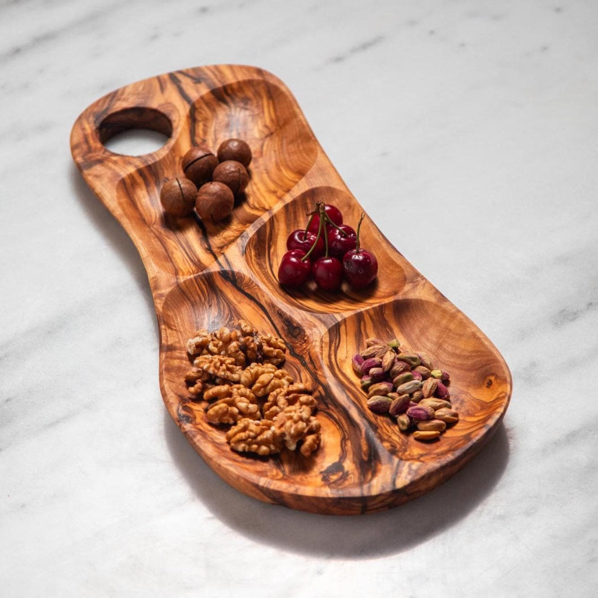 Olive Wood 4 Section Appetizer Tray for Nuts Fruits Snacks Dips Charcuterie | Rustic Handmade Segmented Serving Board for USA Kitchens