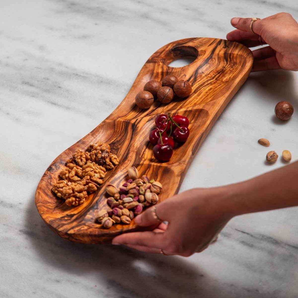 Olive Wood 4 Section Appetizer Tray for Nuts Fruits Snacks Dips Charcuterie | Rustic Handmade Segmented Serving Board for USA Kitchens