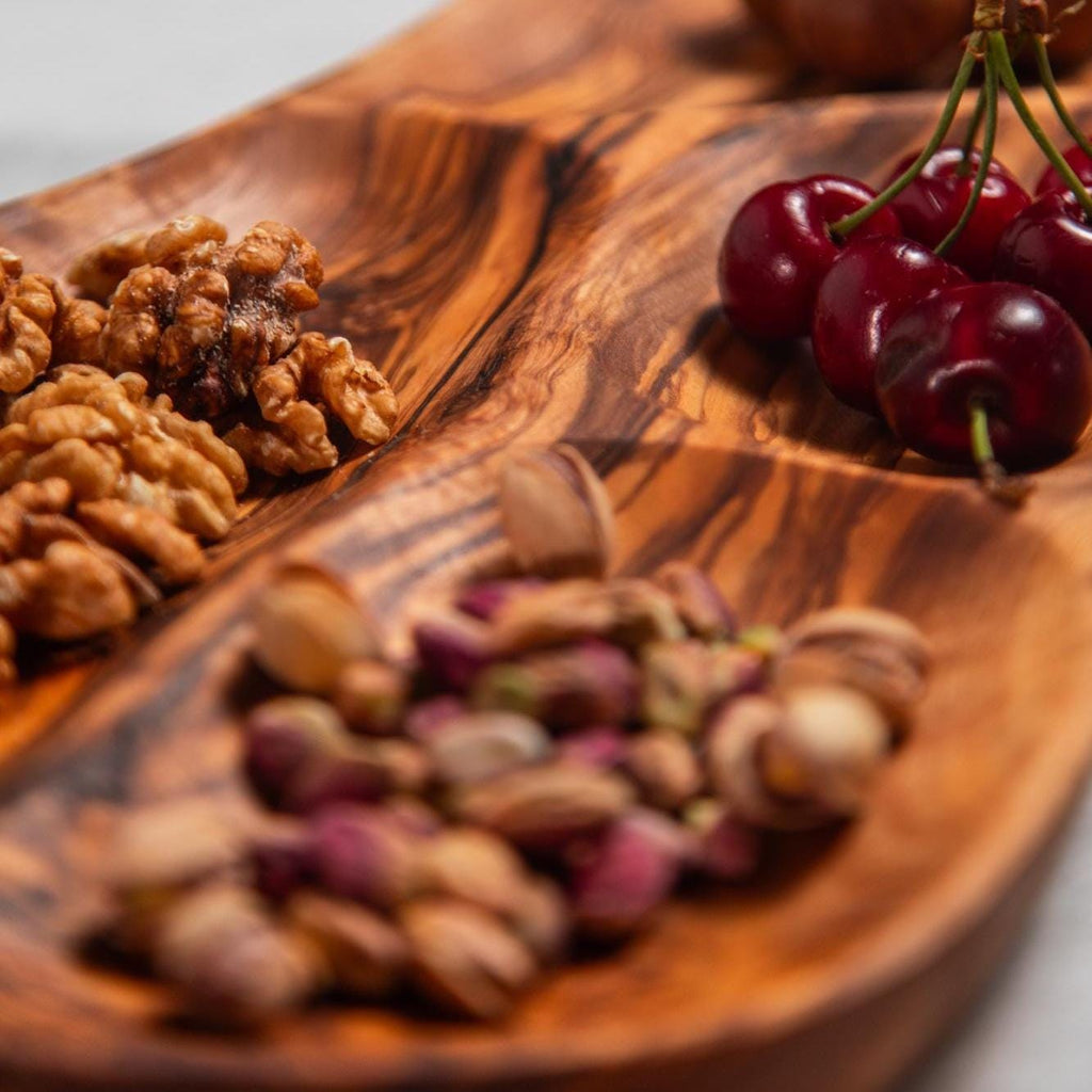 Olive Wood 4 Section Appetizer Tray for Nuts Fruits Snacks Dips Charcuterie | Rustic Handmade Segmented Serving Board for USA Kitchens