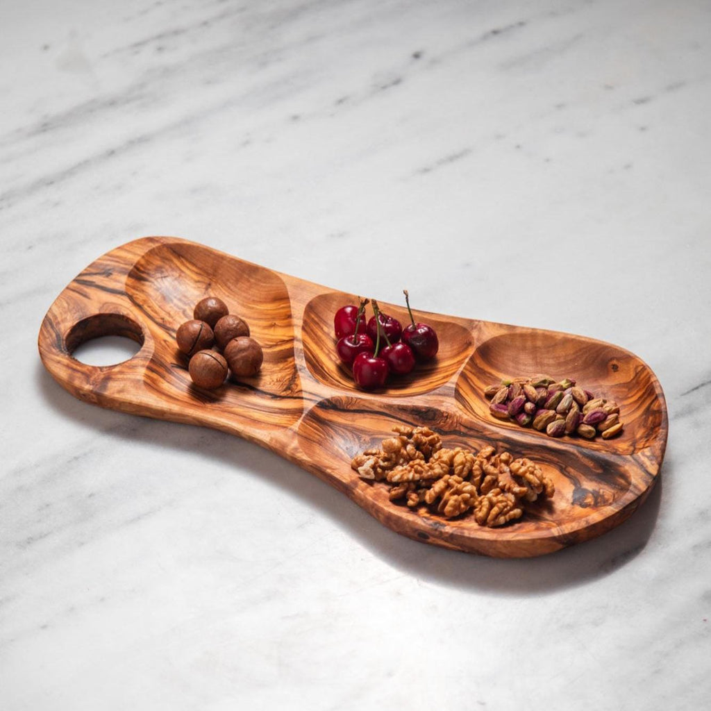 Olive Wood 4 Section Appetizer Tray for Nuts Fruits Snacks Dips Charcuterie | Rustic Handmade Segmented Serving Board for USA Kitchens