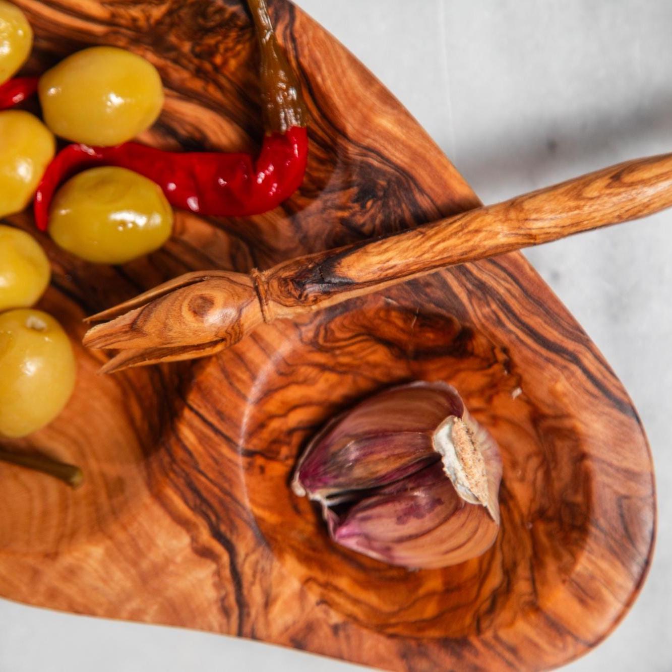 Olive Wood Snack Tray – Handcrafted Artisan Dish with Fork Set