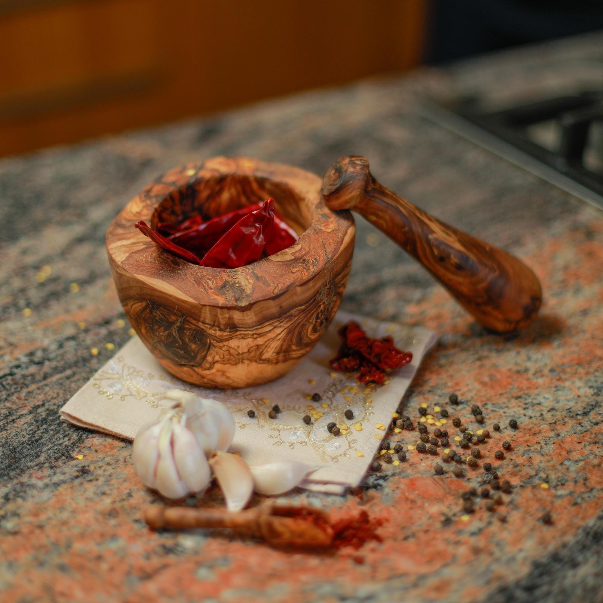 Rustic mortar Olive Wood Mortar and Pestle Set| Wooden Herb Grinder for Spices & Guacamole| Mortar Pestle Set| Farmhouse Kitchen Decor
