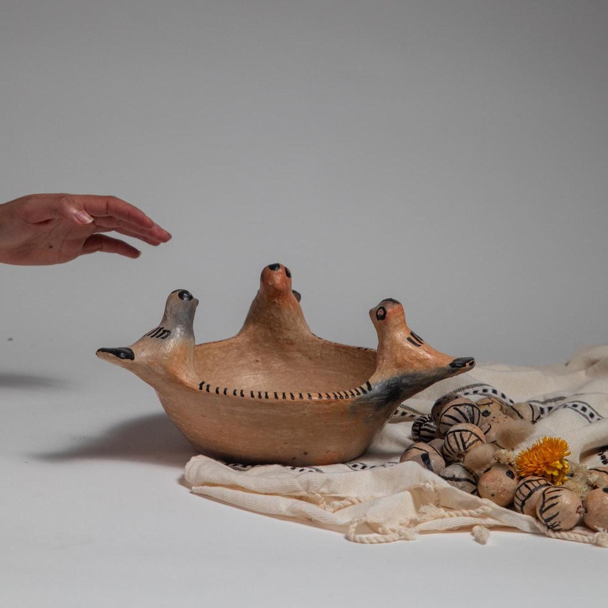 Handmade Pottery Bowl with Bird Motif – Decorative Ceramic Dish – Traditional Clay Art – Boho Centerpiece – Cultural Gift