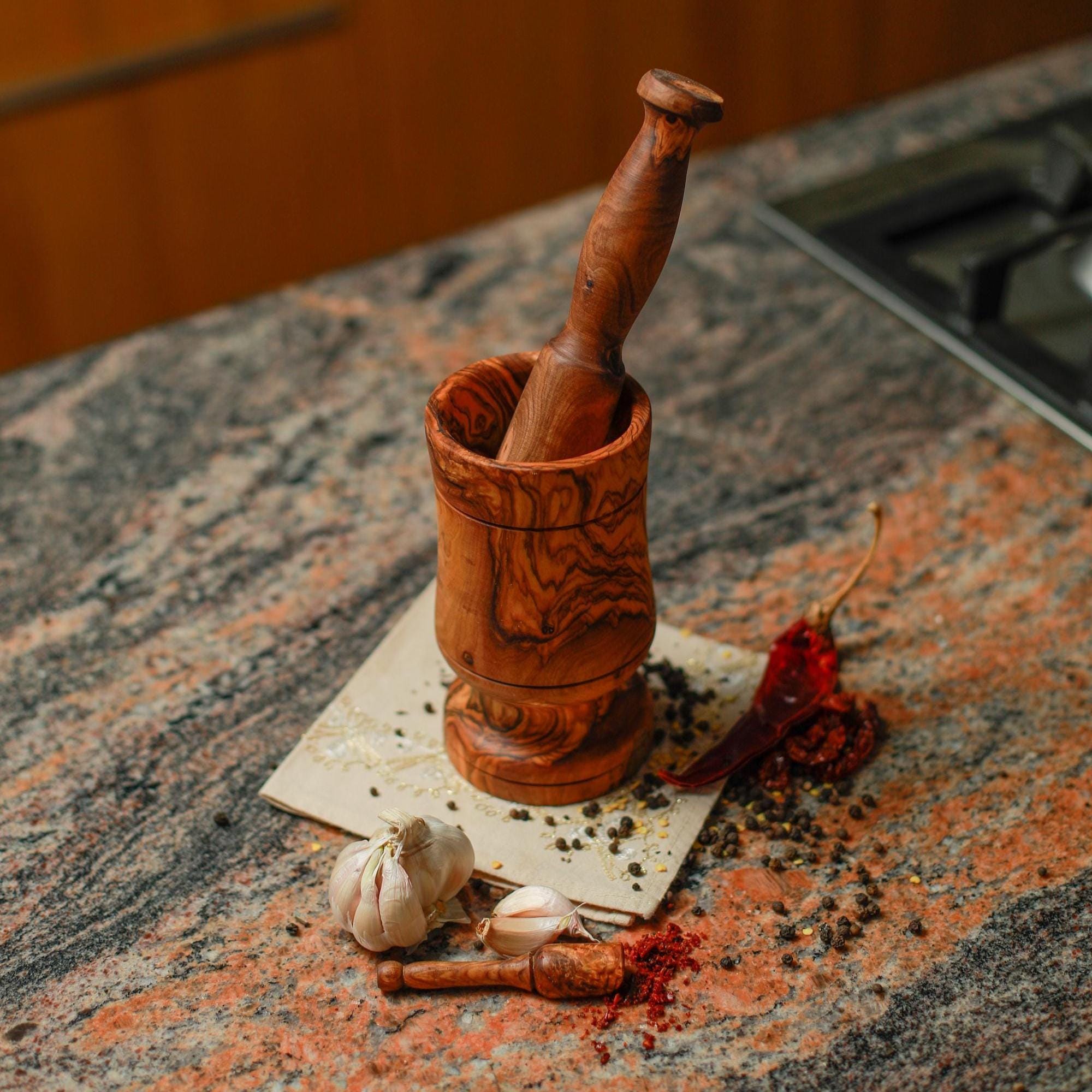 Rustic mortar Olive Wood Mortar and Pestle Set| Wooden Herb Grinder for Spices & Guacamole| Mortar Pestle Set| Farmhouse Kitchen Decor