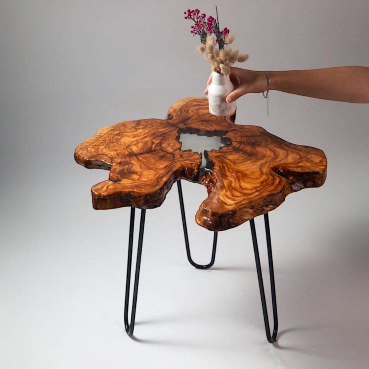 Handmade Olive Wood Live Edge Coffee table with Resin, Unique coffee table, Natural Olive Tree Solid Wood Side Table