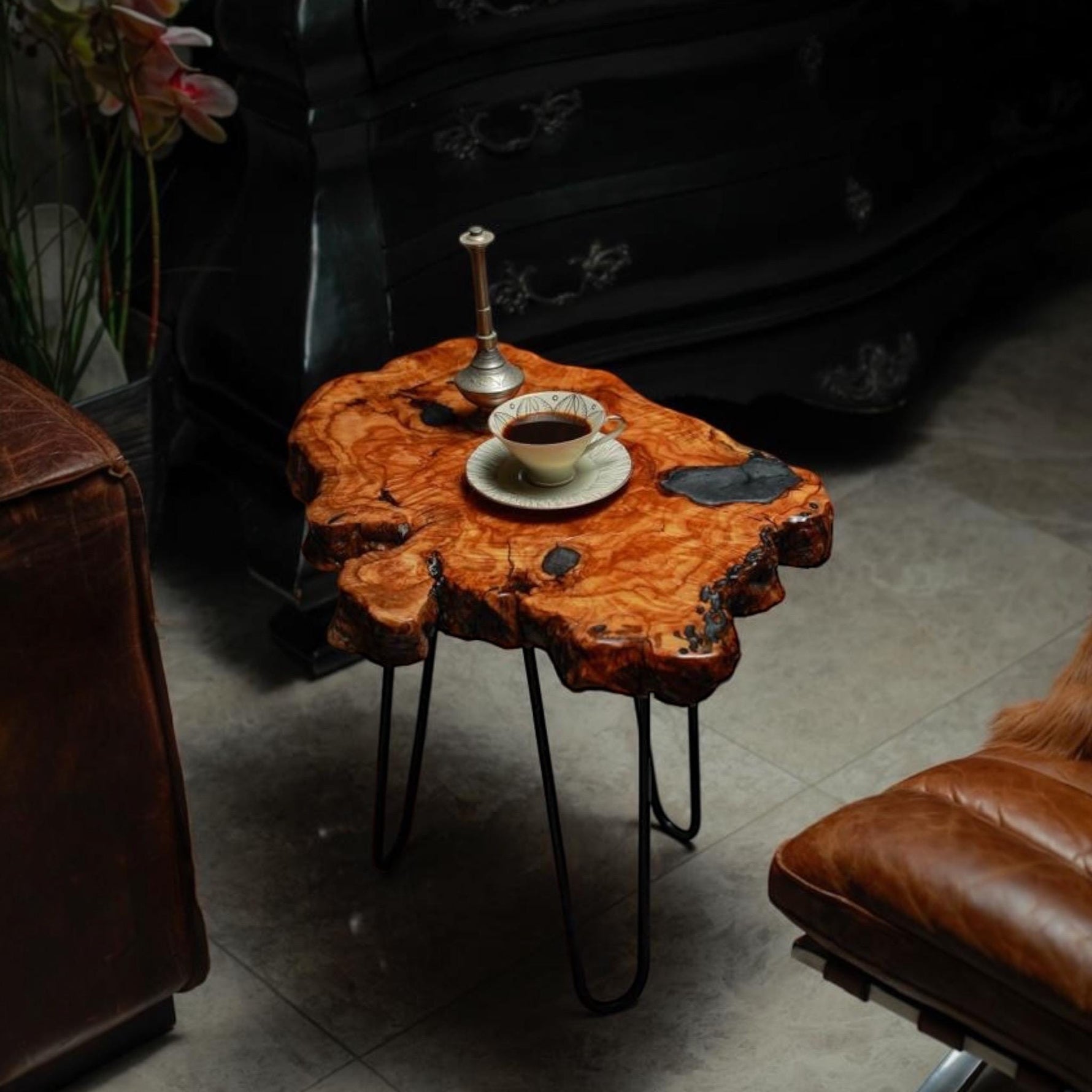 Handmade Olive Wood Live Edge Coffee table with Resin, Unique coffee table, Natural Olive Tree Solid Wood Side Table