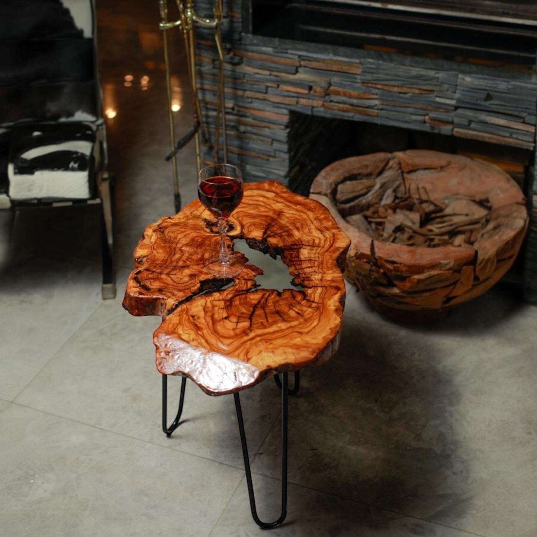 Handmade Olive Wood Live Edge Coffee table with Resin, Unique coffee table, Natural Olive Tree Solid Wood Side Table