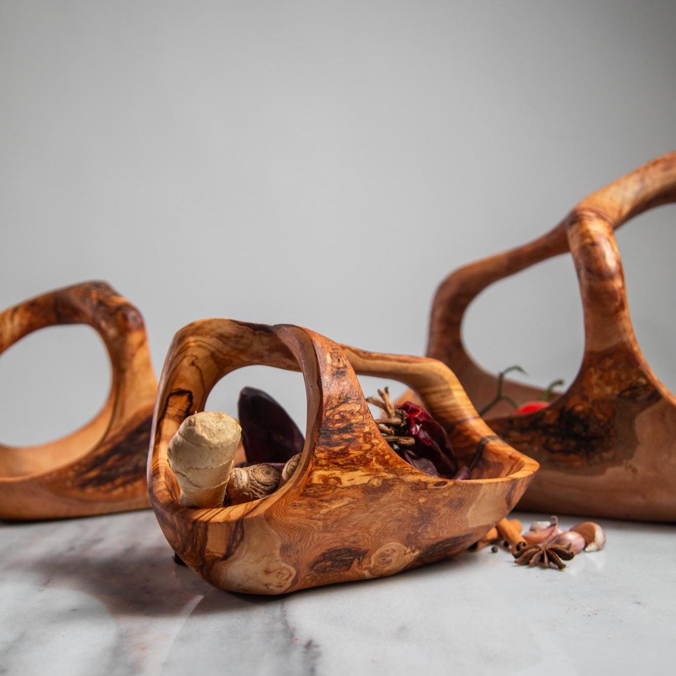 Olive Wood Bowl – Handcrafted Sculptural Basket for Table and Collection