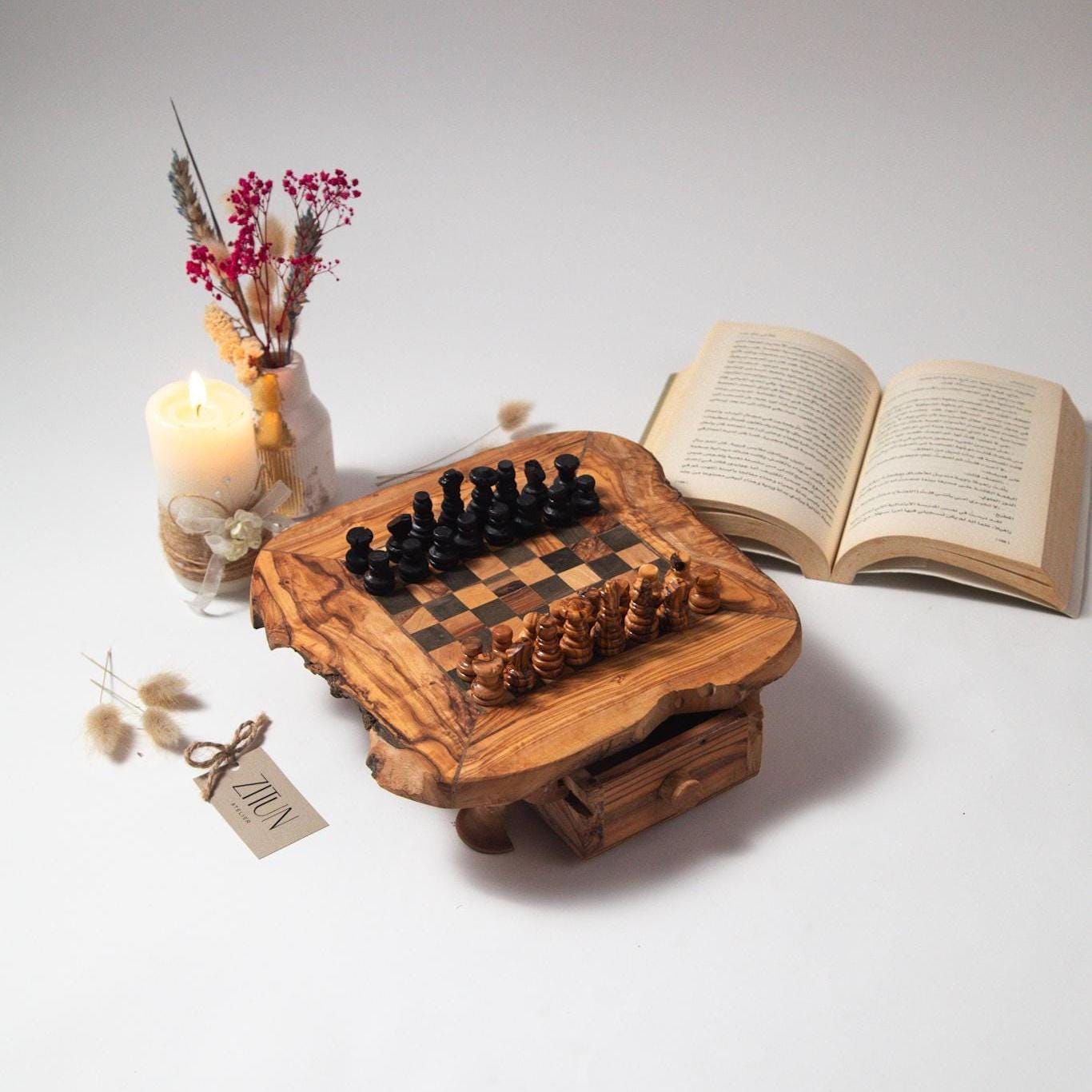 Handmade Olive Wood Chess Set with Storage: Unique Home Decor