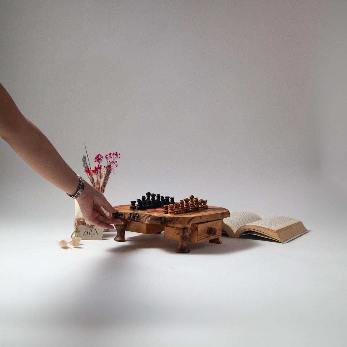 Handmade Olive Wood Chess Set with Storage: Unique Home Decor