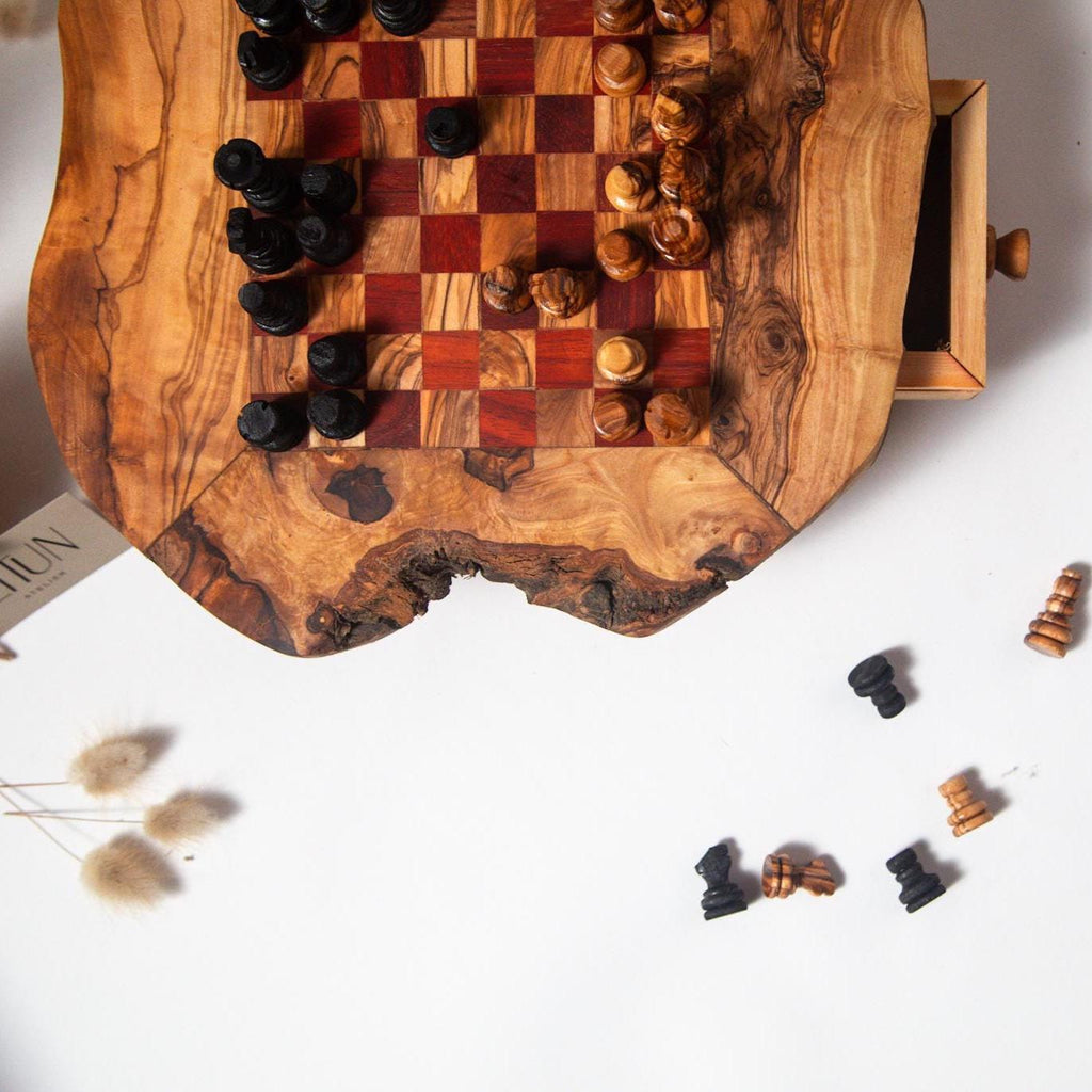 Handmade Olive Wood Chess Set with Storage: Unique Home Decor