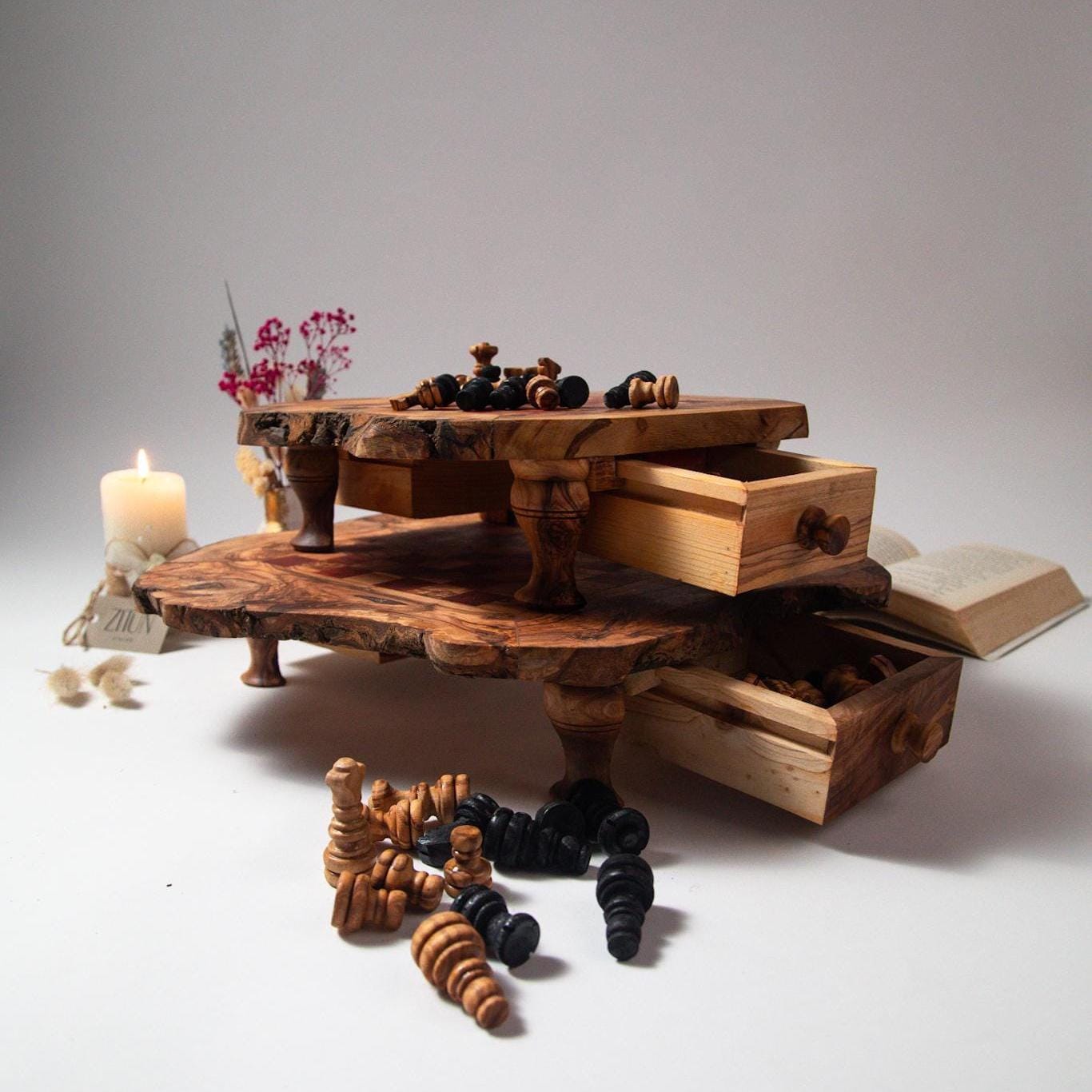 Handmade Olive Wood Chess Set with Storage: Unique Home Decor
