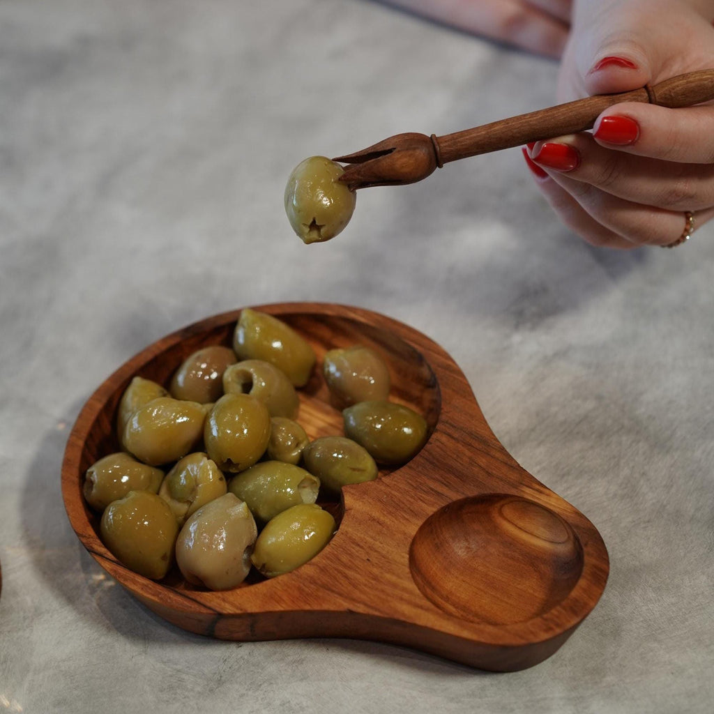 Olive Wood Snack Tray – Handcrafted Artisan Dish with Fork Set