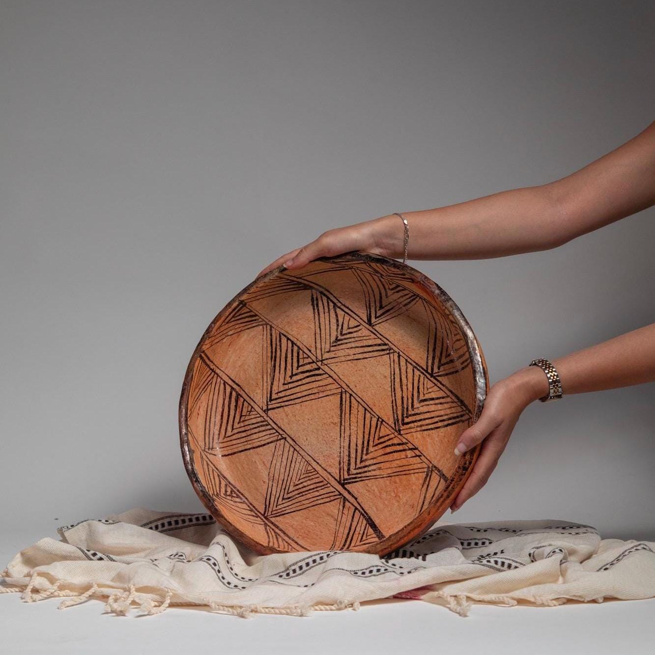 Handmade Pottery Bowl – 14 inch Large Decorative Centerpiece, Rustic Fruit Bowl, Boho Home Decor