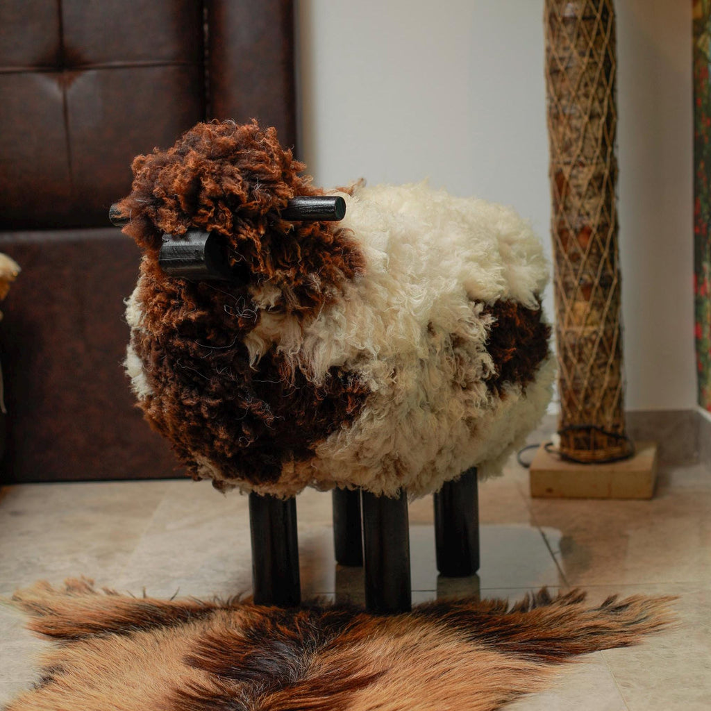 Handmade Sheep Stool: Wooden & Sheepskin Decorative Chair