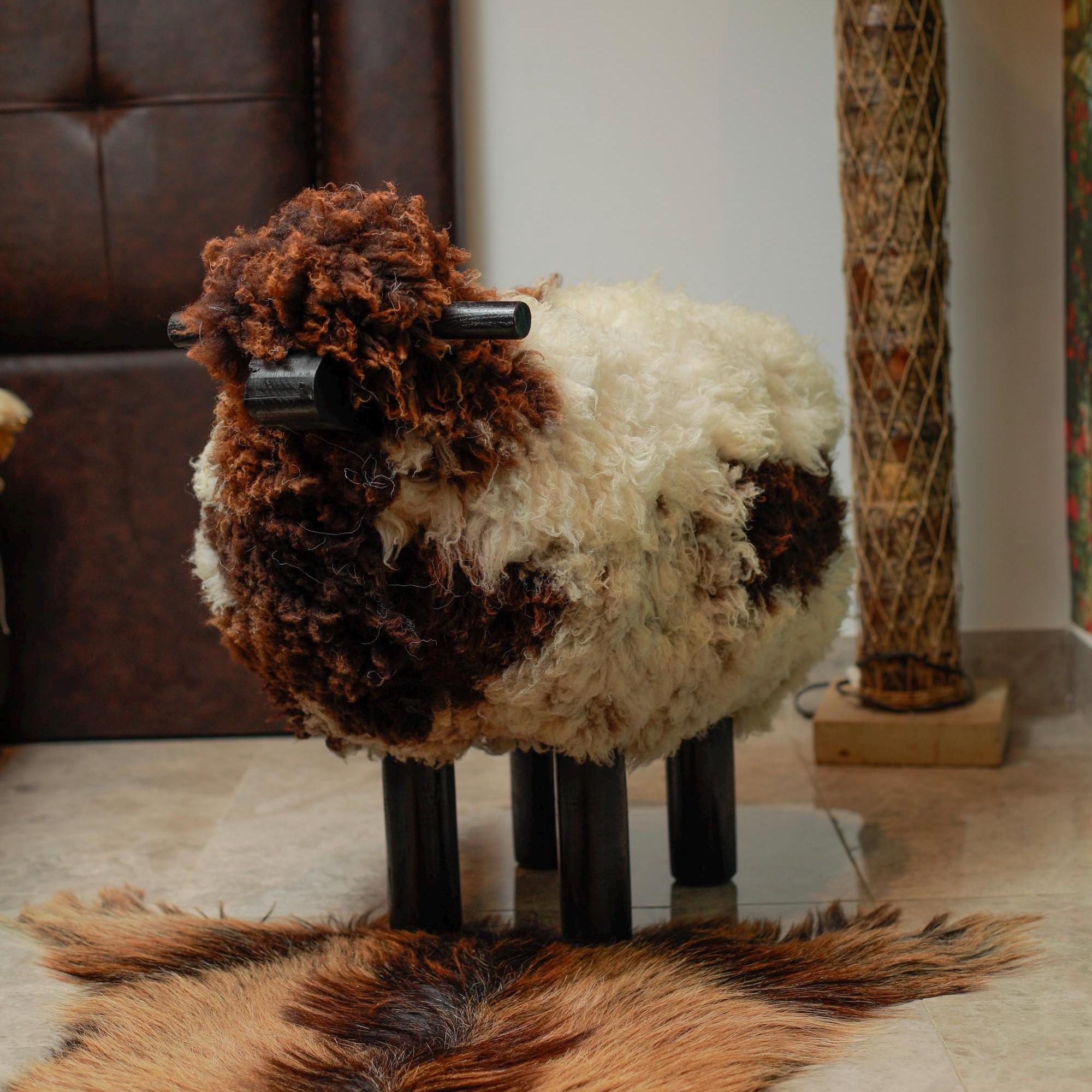 Handmade Sheep Stool: Wooden & Sheepskin Decorative Chair