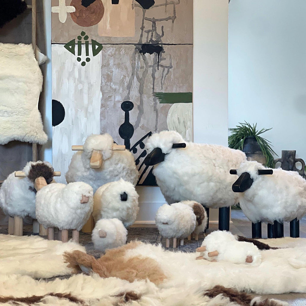 Handmade Sheep Stool: Wooden & Sheepskin Decorative Chair