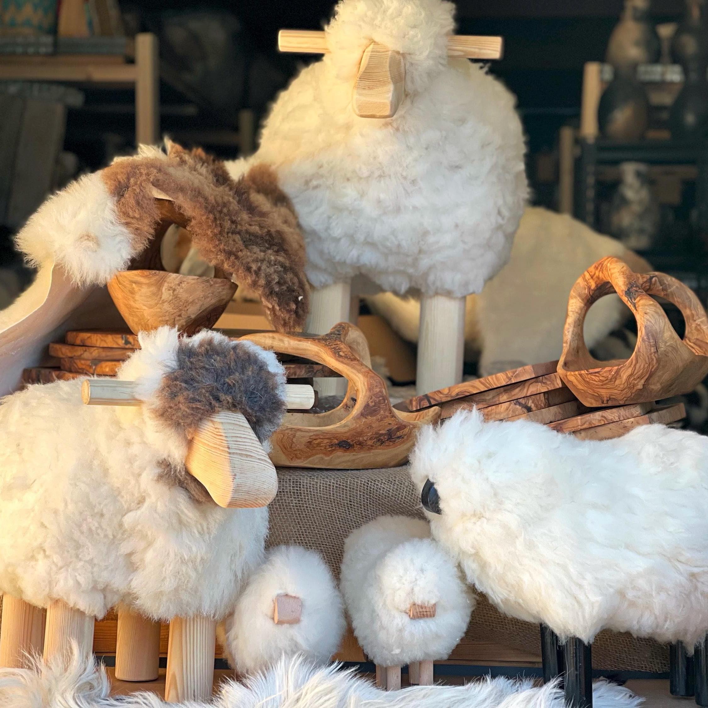 Handmade Sheep Stool: Wooden & Sheepskin Decorative Chair