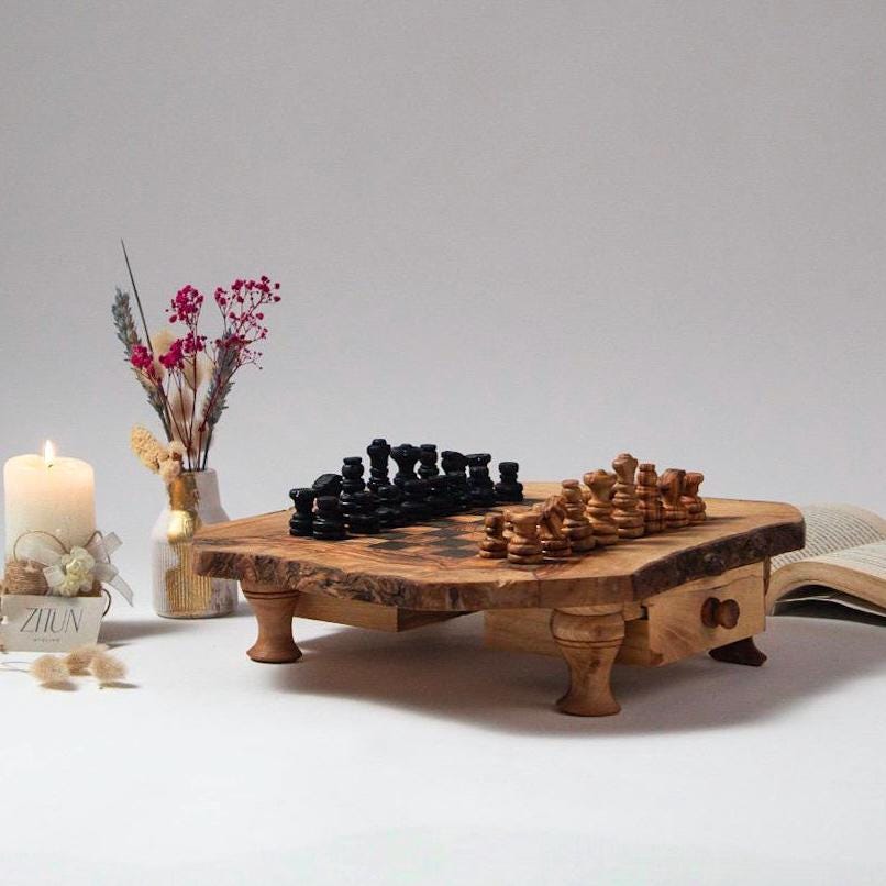 Handmade Olive Wood Chess Set: Rustic Board Game with Storage