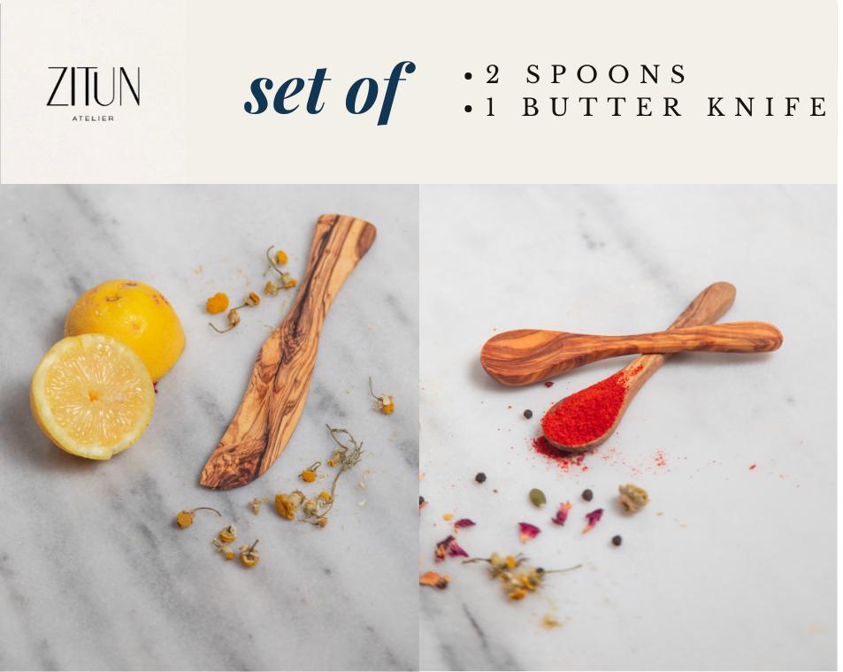 Set of 2 Olive Wood Spoons & 1 Knife – Handmade Rustic Utensils, Natural Eco-Friendly Cutlery