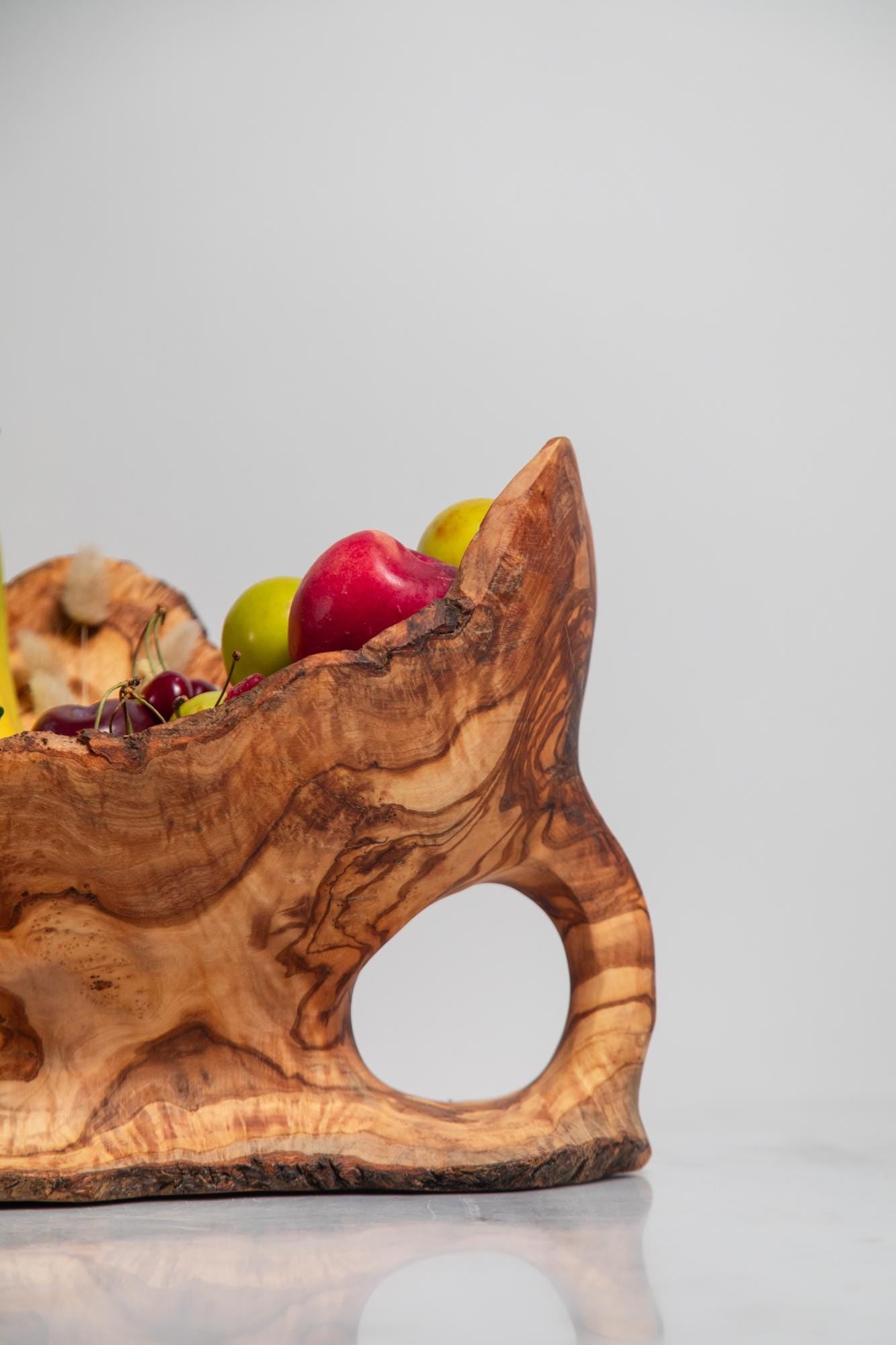 Handmade Olive Wood Centerpiece- Unique Bowl Sculpture - Kitchen Decor - Natural Wooden Artisan Basket - Durable Decorative Accessory