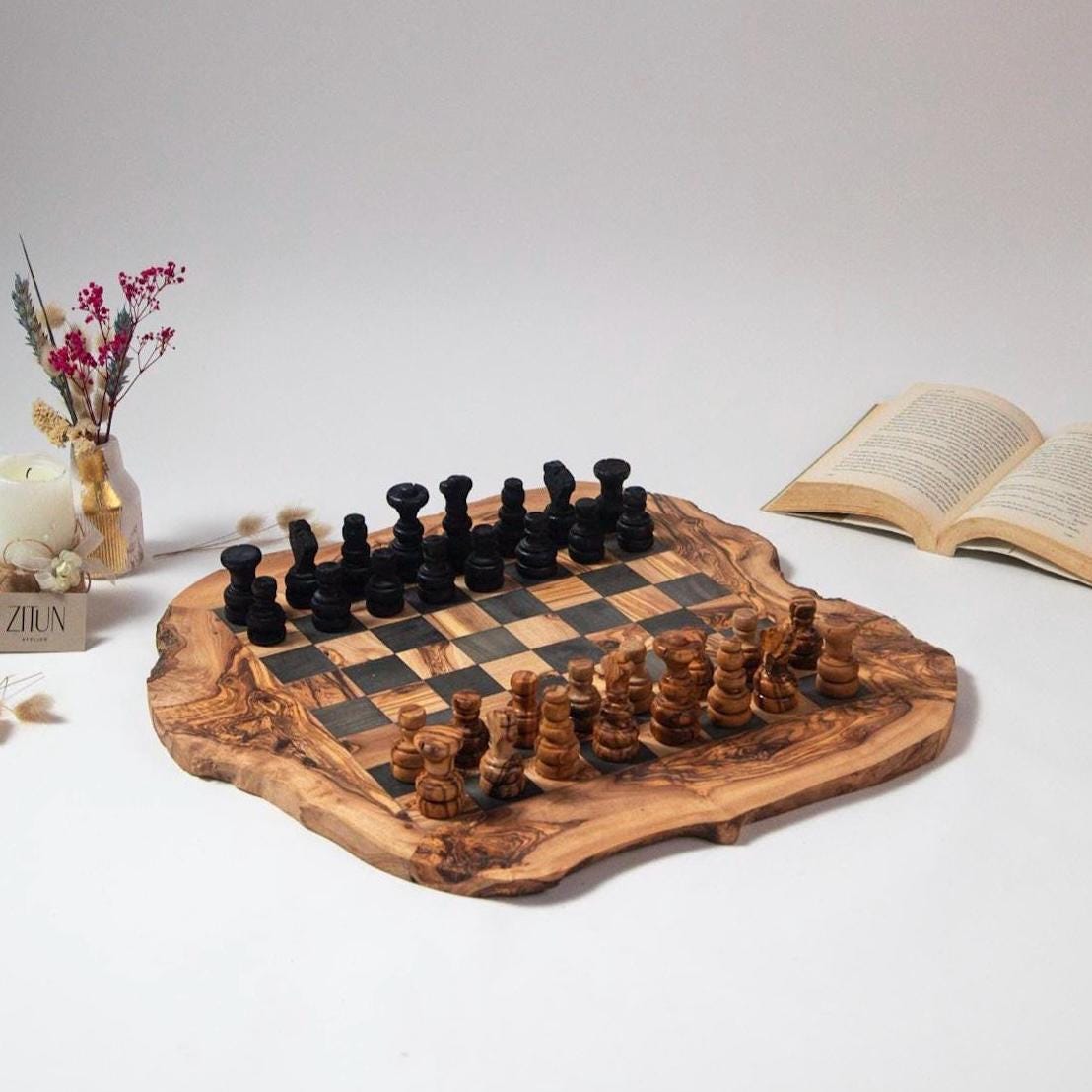 Handcrafted Olive Wood Chess Board - Rustic Natural Game Set - Artisan Gift from Tunisia