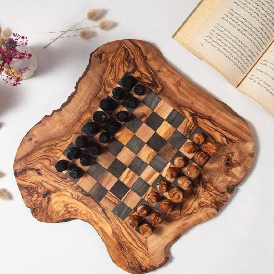 Handcrafted Olive Wood Chess Board - Rustic Natural Game Set - Artisan Gift from Tunisia