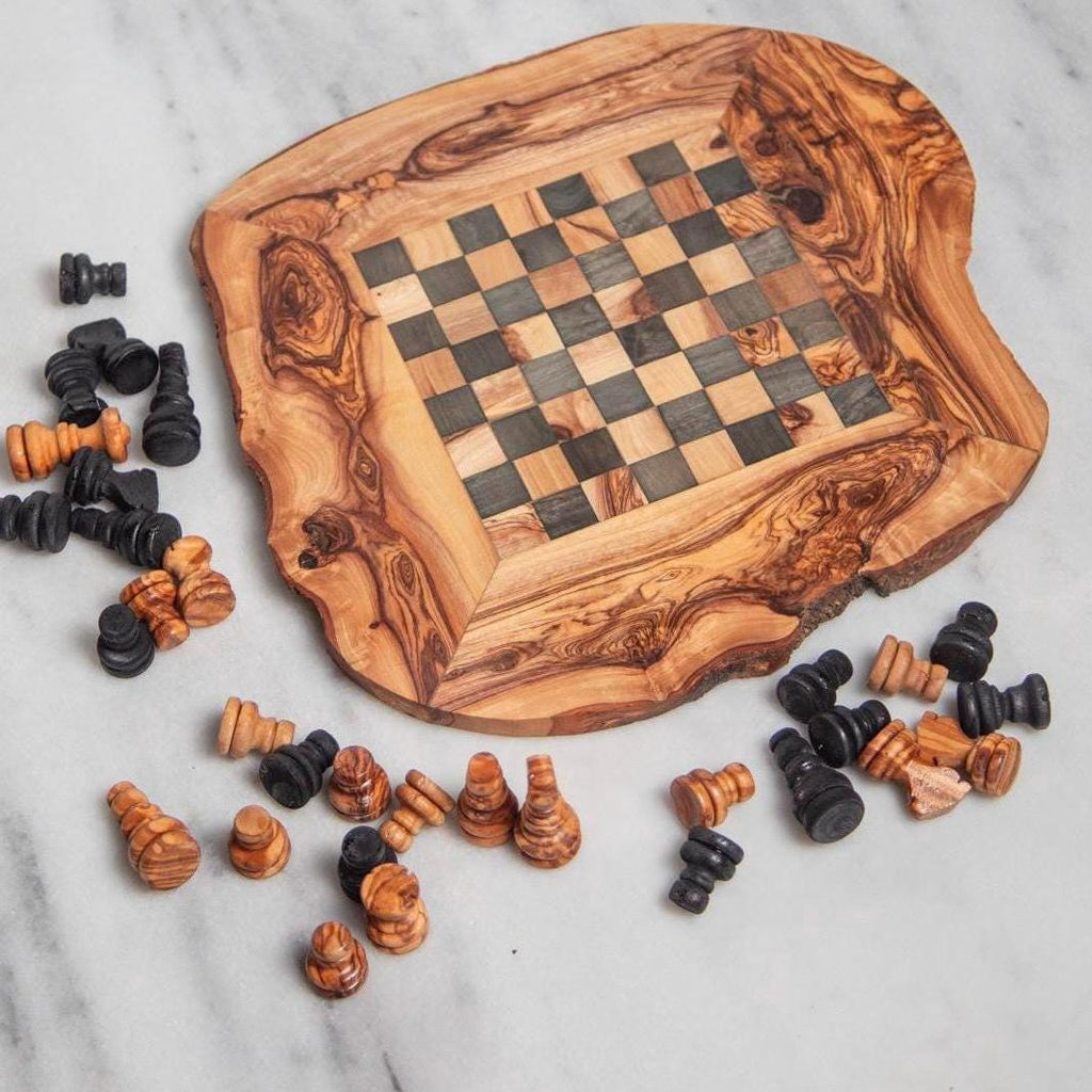 Handcrafted Olive Wood Chess Board - Rustic Natural Game Set - Artisan Gift from Tunisia