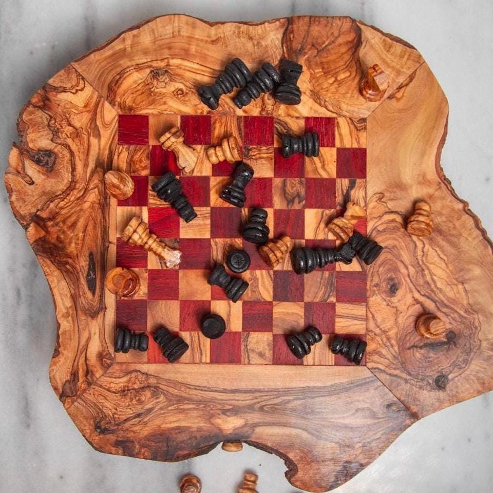 Handcrafted Olive Wood Chess Board - Rustic Natural Game Set - Artisan Gift from Tunisia