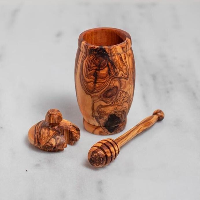 Olive Wood Honey Jar – Handcrafted Artisan Pot for Table and Home