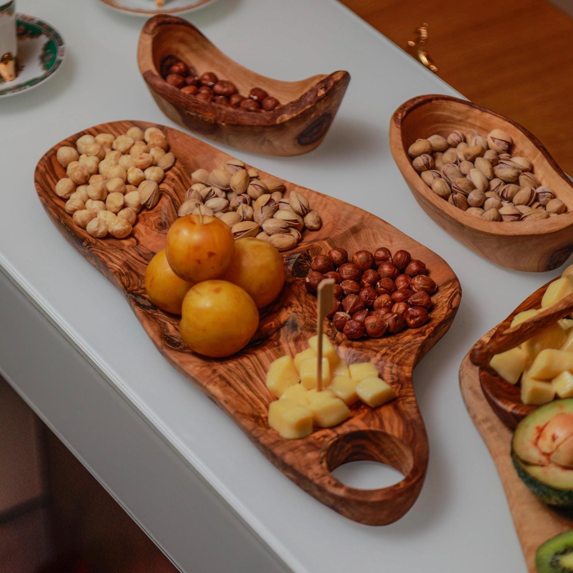 Olive Wood 4 Section Appetizer Tray for Nuts Fruits Snacks Dips Charcuterie | Rustic Handmade Segmented Serving Board for USA Kitchens