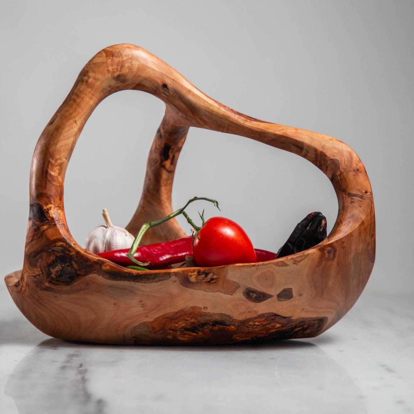 Olive Wood Bowl – Handcrafted Sculptural Basket for Table and Collection