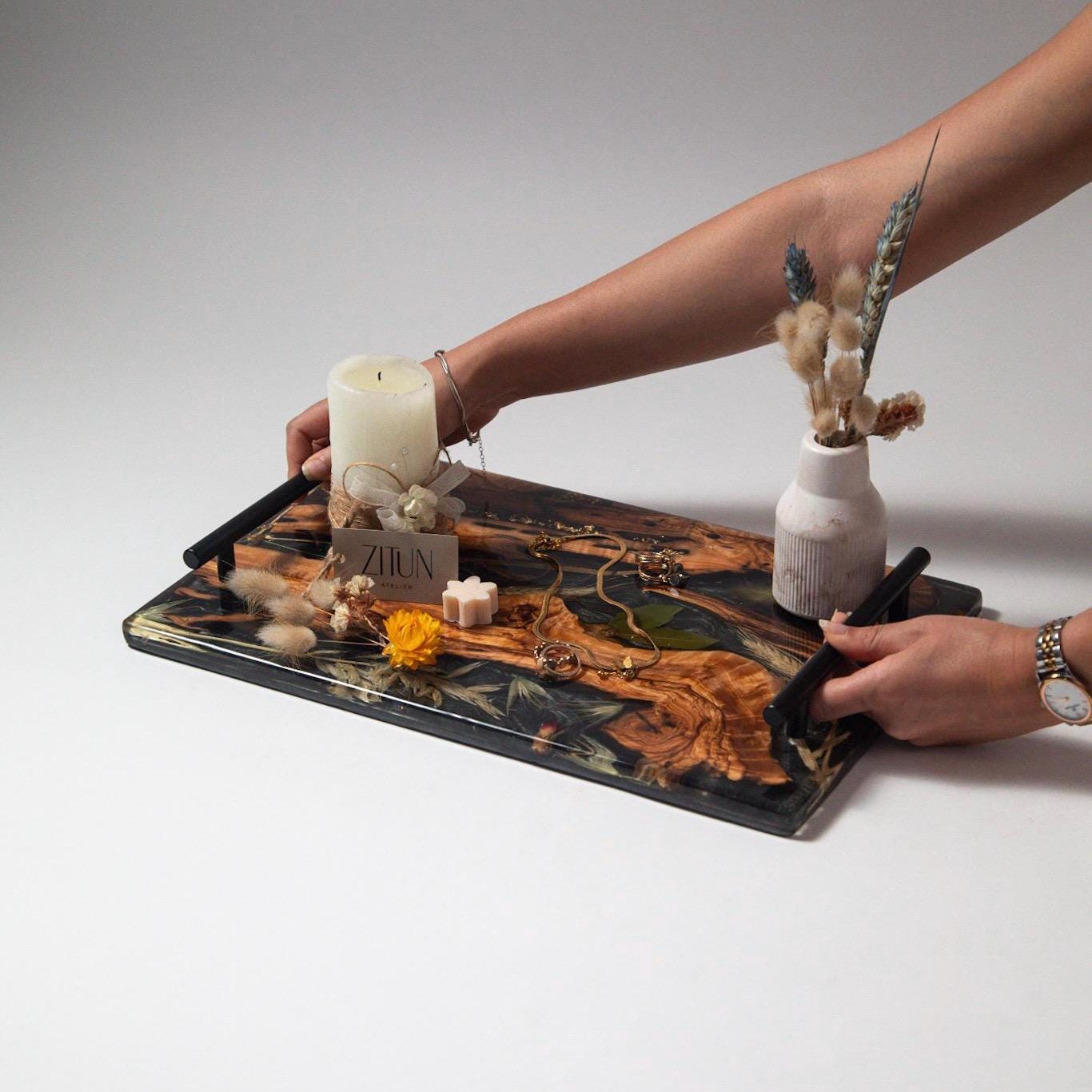 Olive Wood Resin Serving Tray with Iron Handles: Handmade Rustic Decor