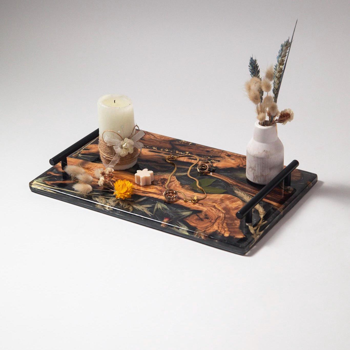 Olive Wood Resin Serving Tray with Iron Handles: Handmade Rustic Decor