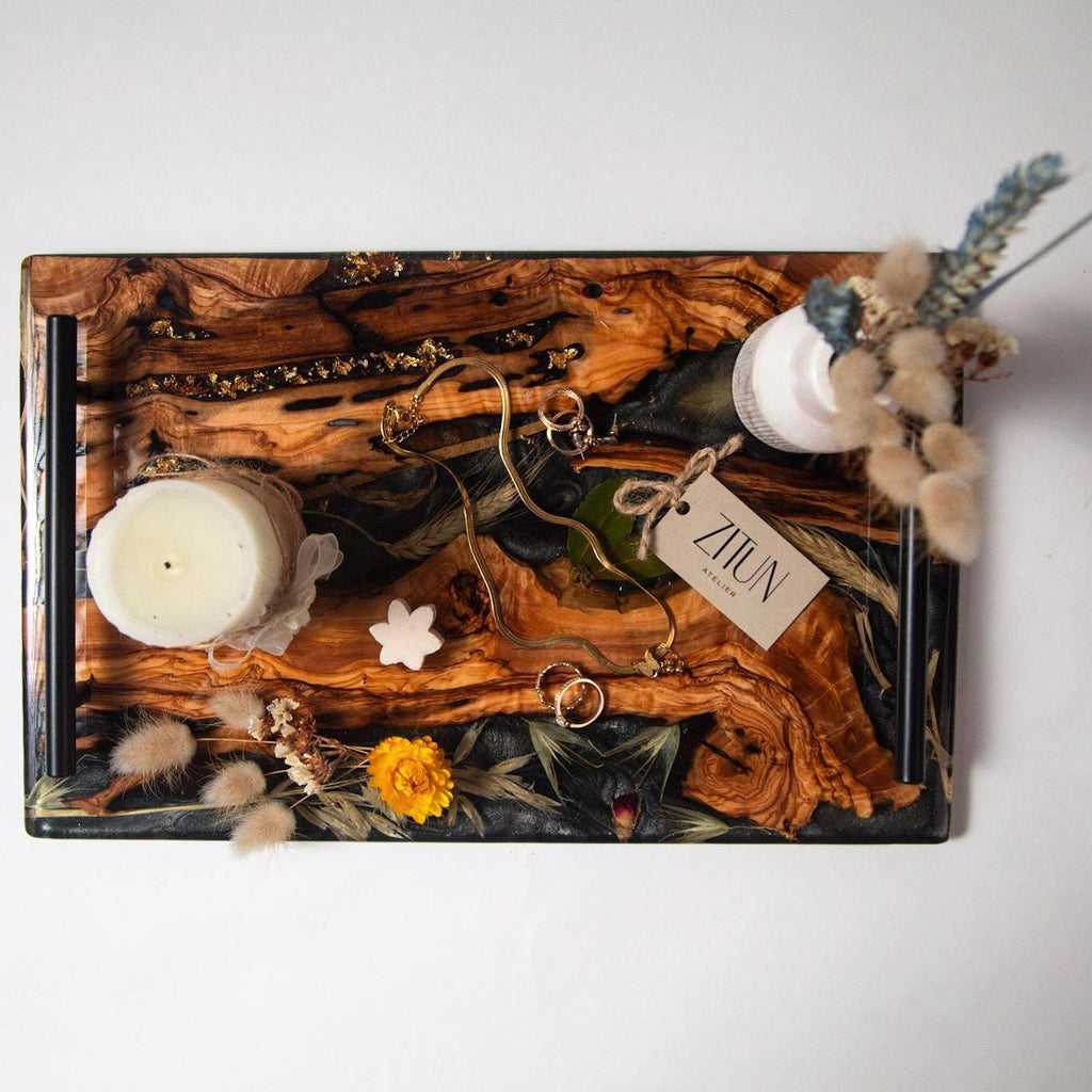 Olive Wood Resin Serving Tray with Iron Handles: Handmade Rustic Decor