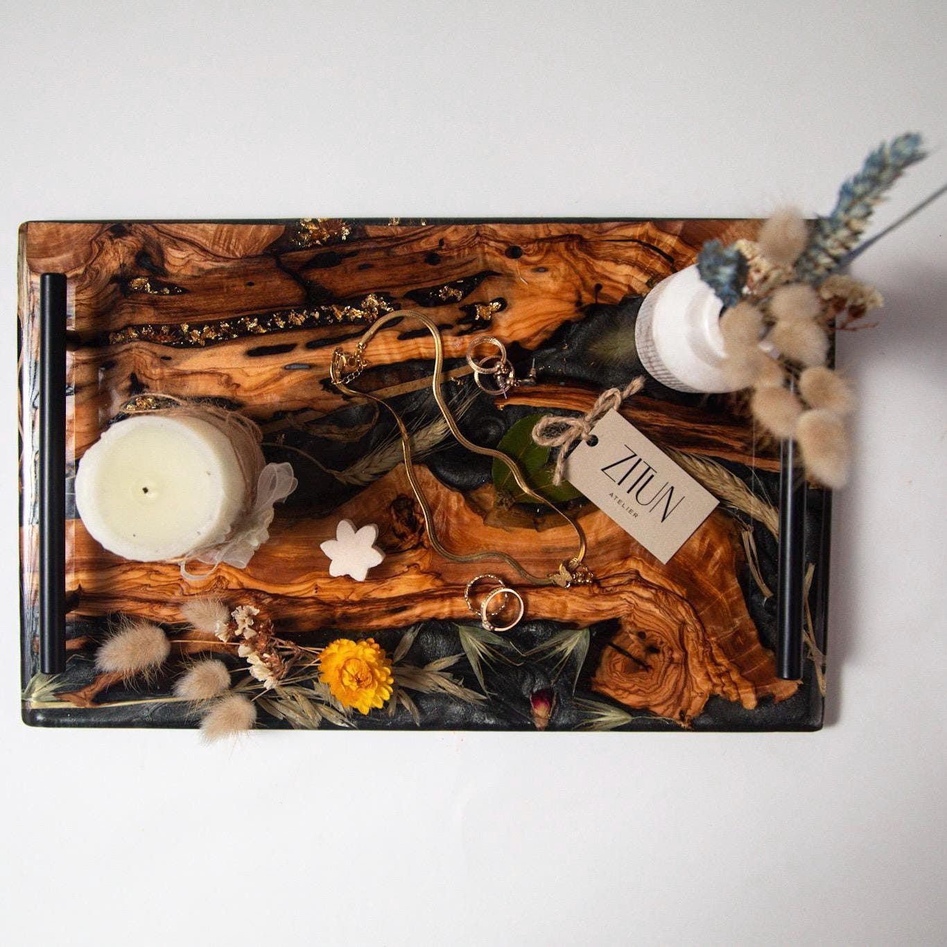 Olive Wood Resin Serving Tray with Iron Handles: Handmade Rustic Decor