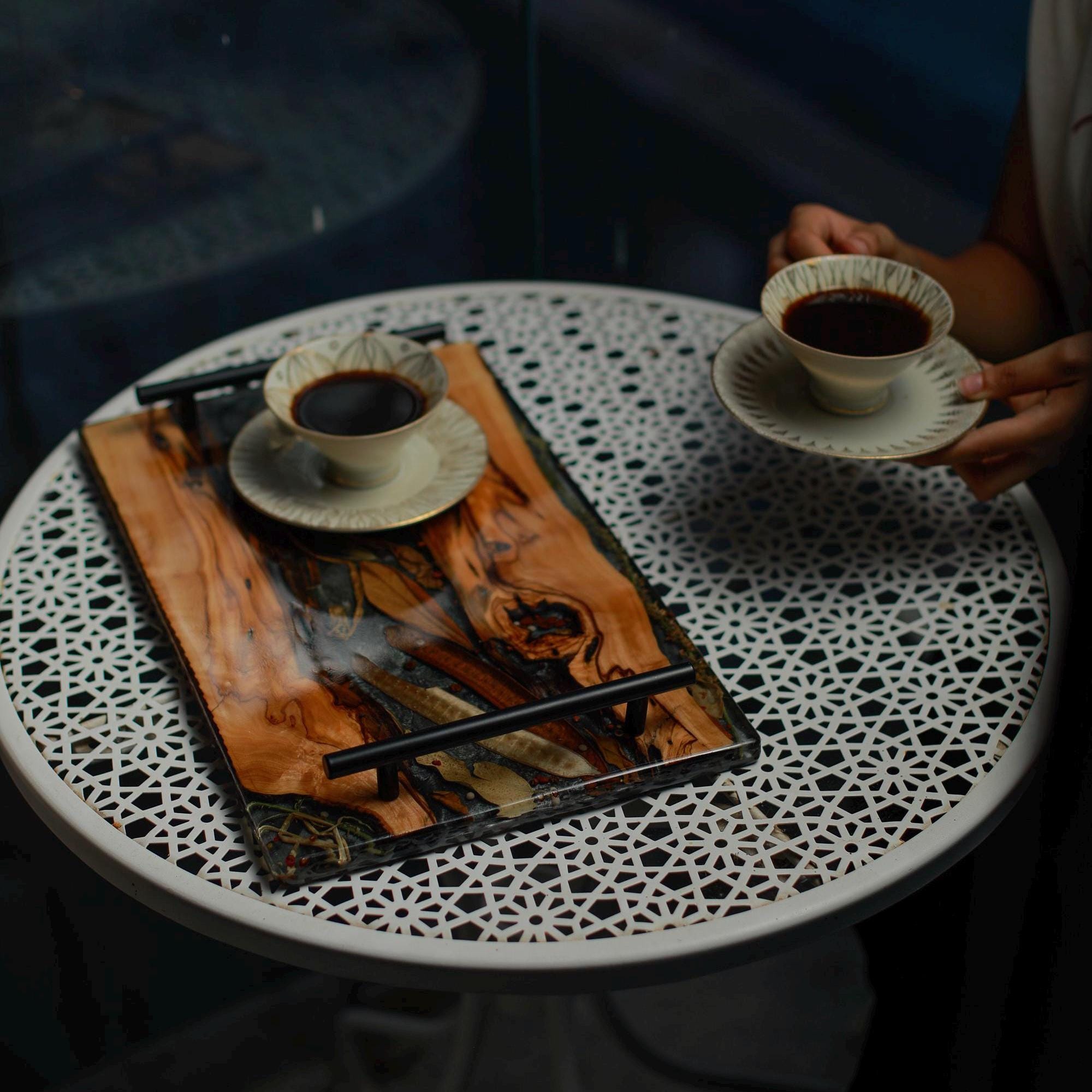 Olive Wood Resin Serving Tray with Iron Handles: Handmade Rustic Decor