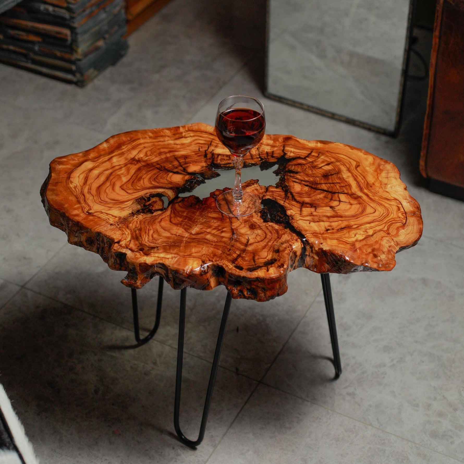 Handmade Olive Wood Live Edge Coffee table with Resin, Unique coffee table, Natural Olive Tree Solid Wood Side Table