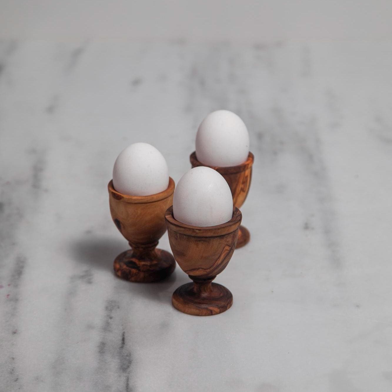 Set of 3 Olive Wood Egg Cups – Handmade Natural Egg Holders, Rustic Kitchen & Breakfast Tableware