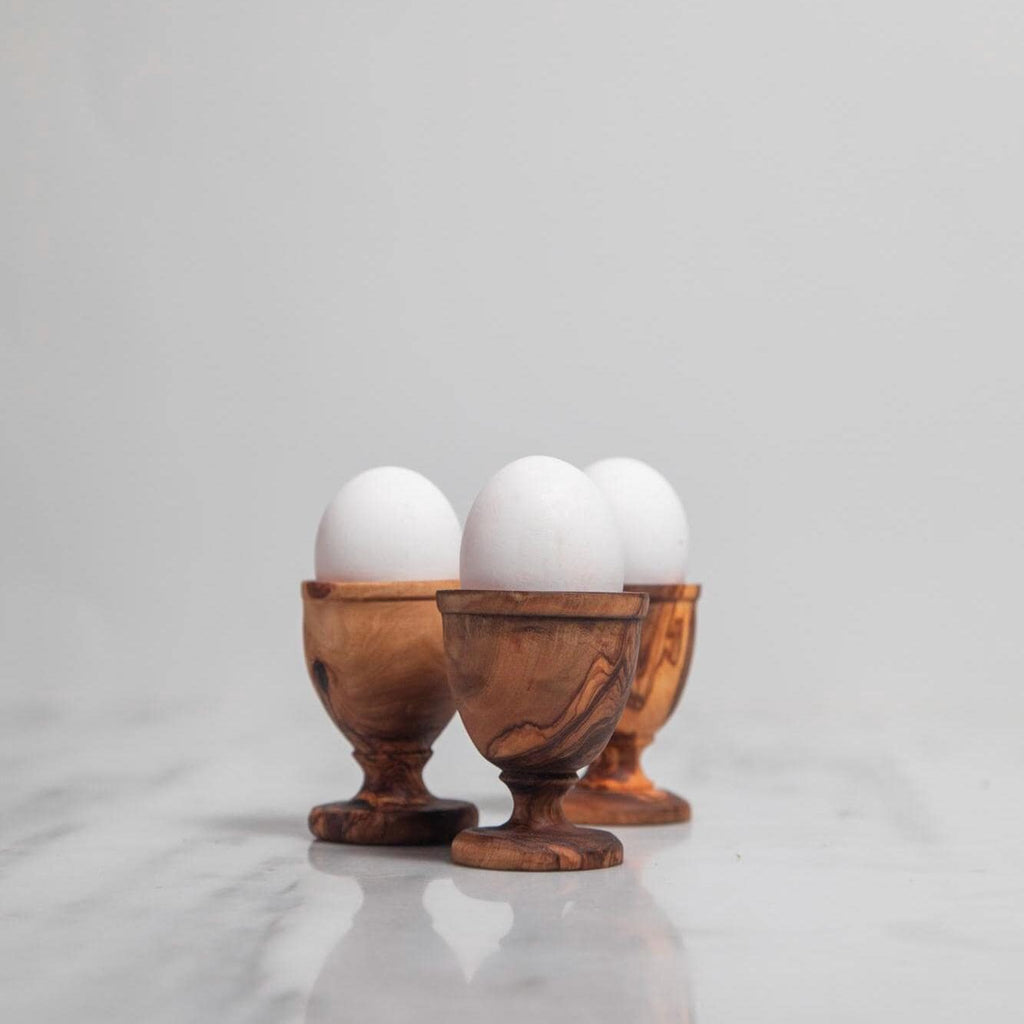 Set of 3 Olive Wood Egg Cups – Handmade Natural Egg Holders, Rustic Kitchen & Breakfast Tableware