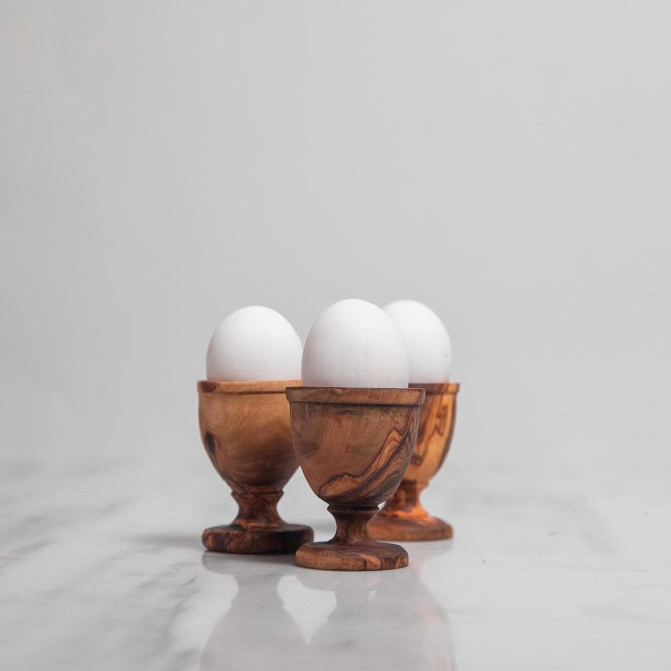 Set of 3 Olive Wood Egg Cups – Handmade Natural Egg Holders, Rustic Kitchen & Breakfast Tableware