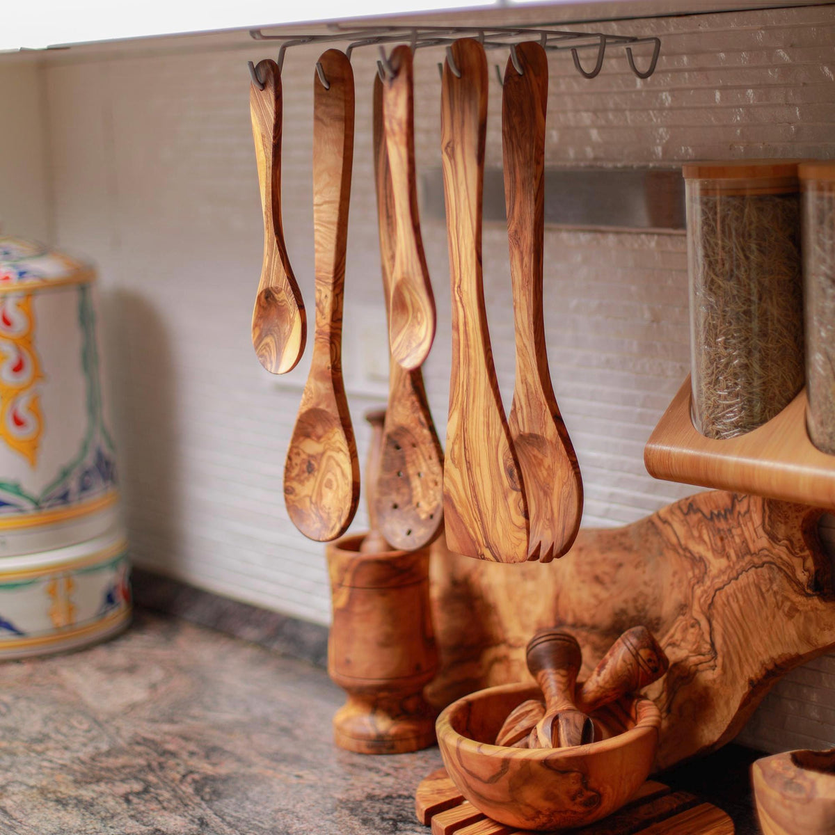 Olive Wood Utensil Set with Holder – Essential Kitchen Tools, Unique and Eco-Friendly Gift