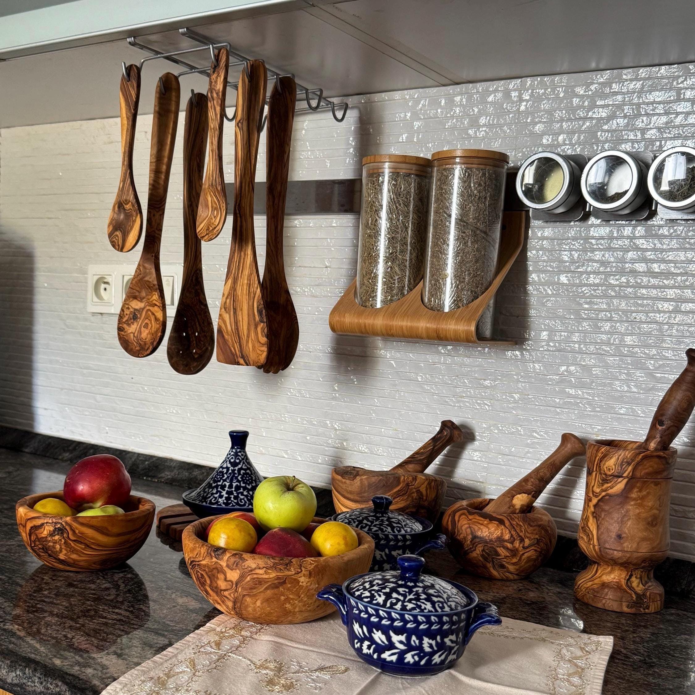 Olive Wood Utensil Set with Holder – Essential Kitchen Tools, Unique and Eco-Friendly Gift